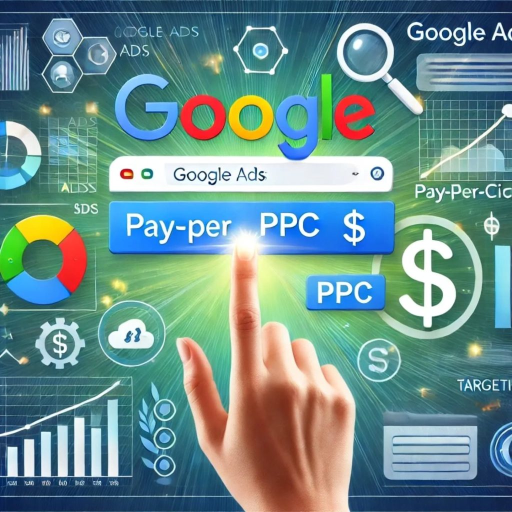 Google Ads and PPC concept with dollar signs and pay-per-click button