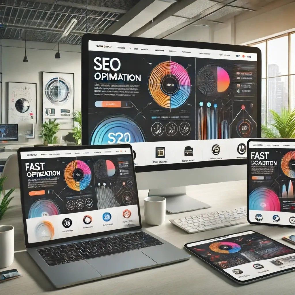 Modern website development displayed on multiple devices with SEO analytics.