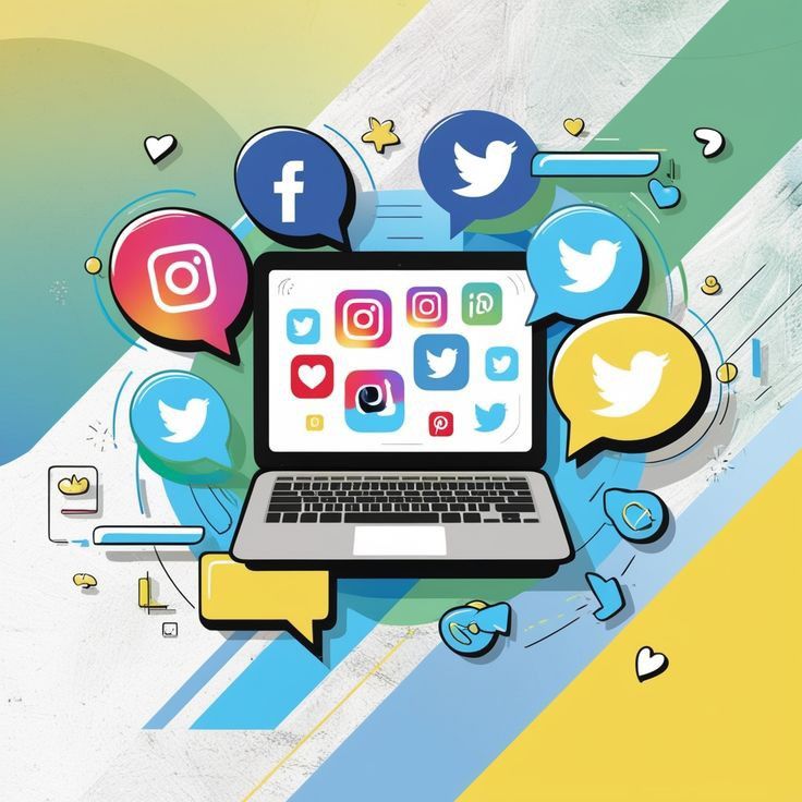 Laptop screen with multiple social media icons representing online marketing
